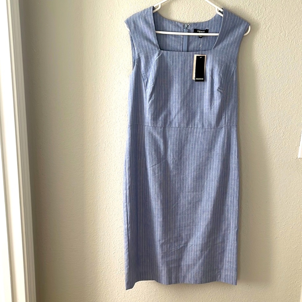 PREMISE linen blend dress light blue with white pin stripes